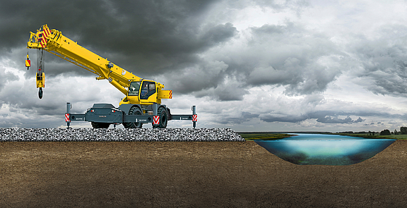 Grúa sobre plataforma de trabajo temporal Grúa sobre una plataforma de trabajo provisional de tejidos y materiales compuestos para estabilizar el terreno blando del lecho del río adyacente.