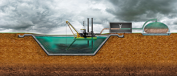 Balsa de retención de inundaciones y aguas pluviales con sellado de estera de hormigón y protección contra la erosión Balsa de retención de inundaciones y aguas pluviales con sellado de estera de hormigón y mangueras de drenaje conectadas