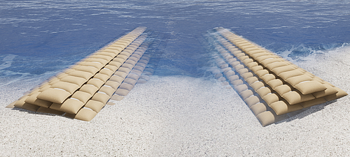 Ejecución eficaz de espigones y rompeolas con bolsas SoilTain para el control de la erosión Dos bolsas SoilTain de Hüsker sobresalen de la tierra hacia el mar y sirven de innovadores rompeolas y espigones